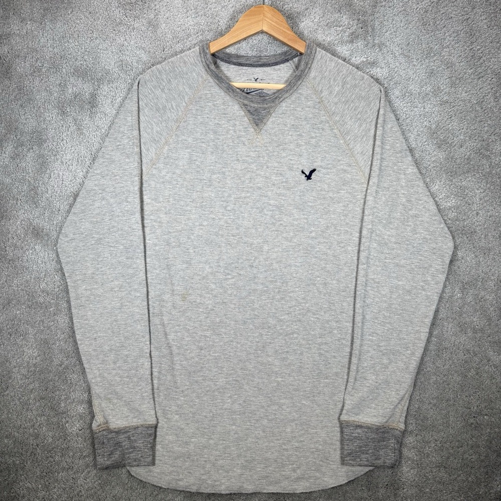 American Eagle Shirt Mens L Gray Waffle Knit Thermal Long Sleeve Embroidered Y2K